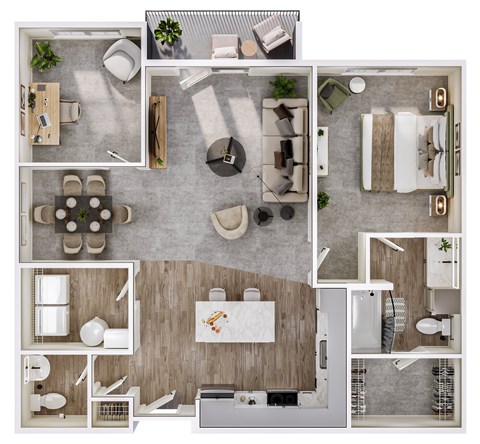 A top-down view of a modern apartment layout with a kitchen, living room, dining area, and bathroom.